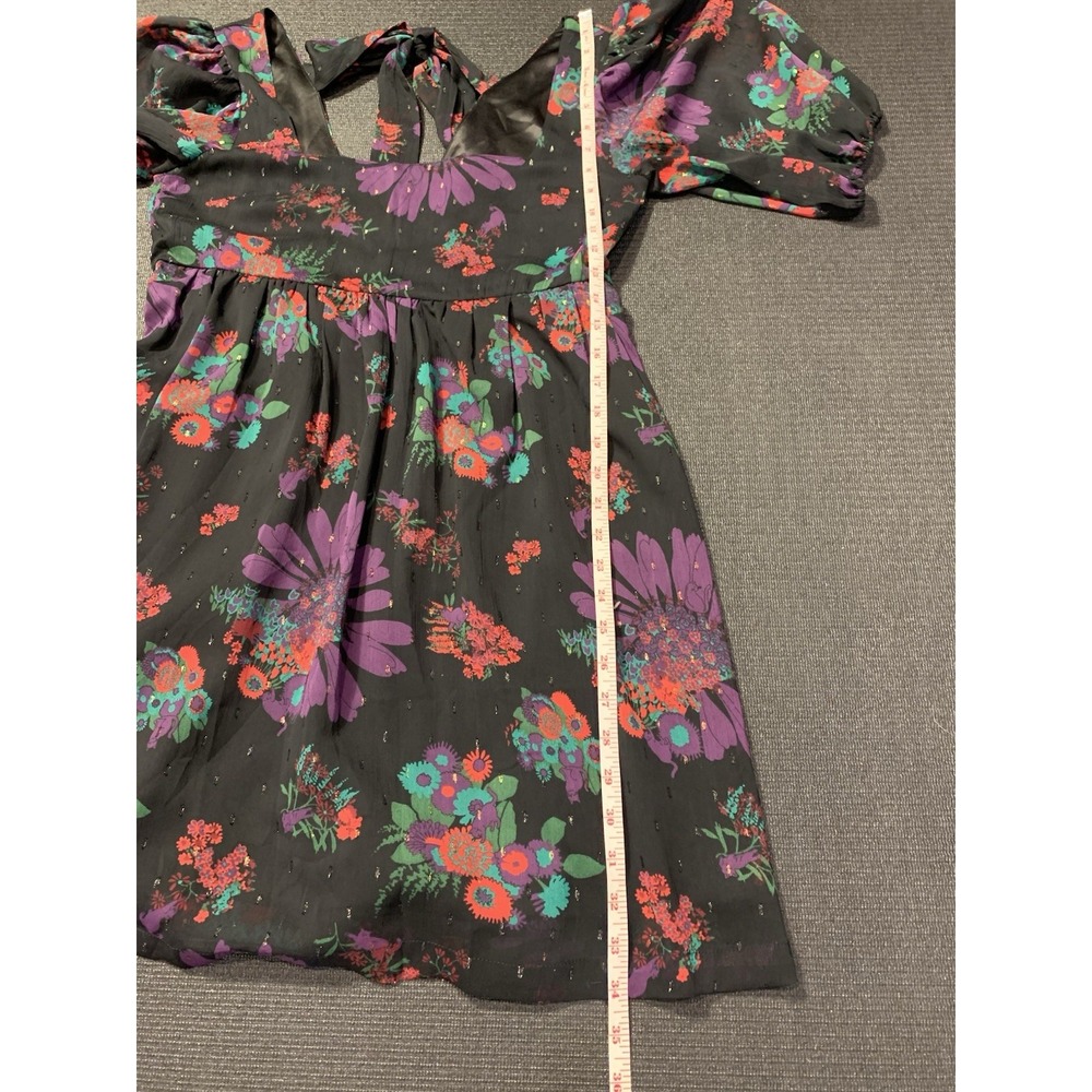 ModCloth Black Floral Puff Sleeve Babydoll Dress size Medium Meow Bouquet Retro - Picture 4 of 6
